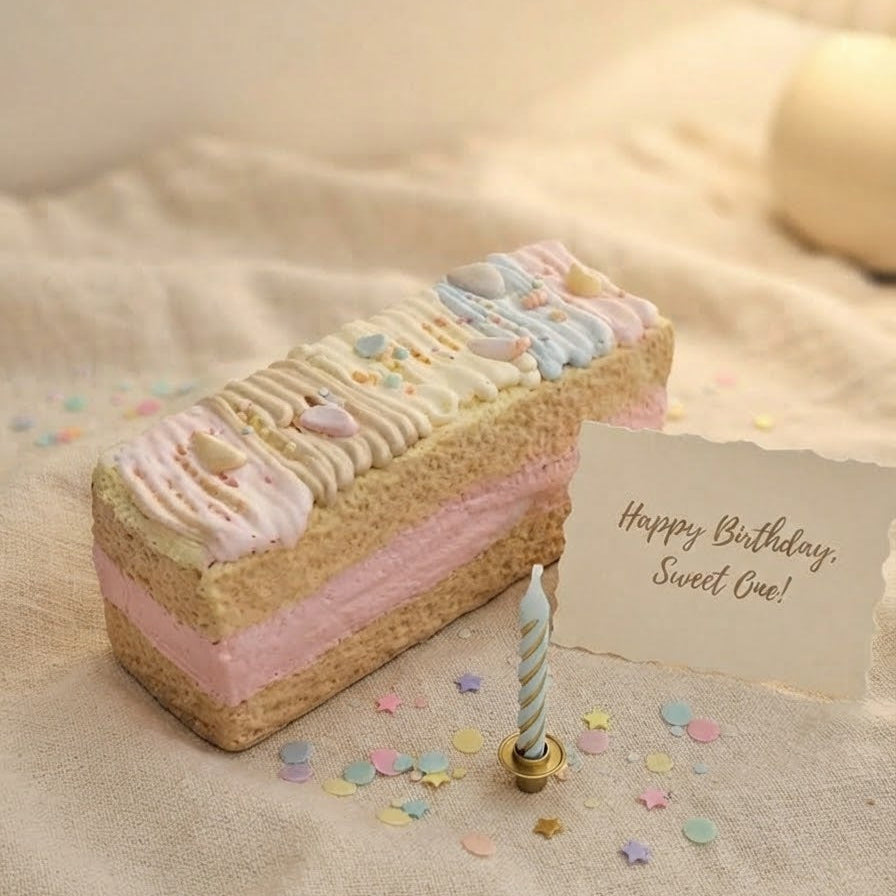 A rectangular slice of cake with pink and cream layers, decorated with pastel frosting and sprinkles, placed on a beige fabric surface with a small candle and a handwritten 'Happy Birthday, Sweet Cue!' card.