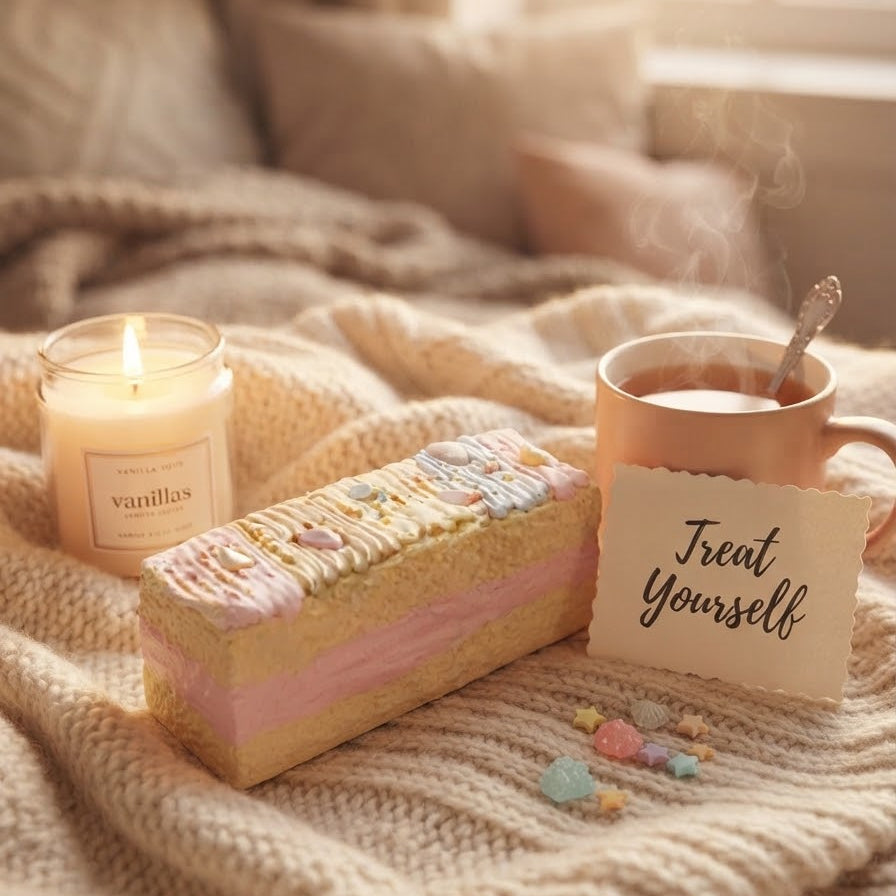 A cozy bedroom scene with a lit vanilla candle, a slice of pink-and-cream cake, a copper mug with a spoon, and a card that says 'Treat Yourself' resting on a chunky knit blanket.
