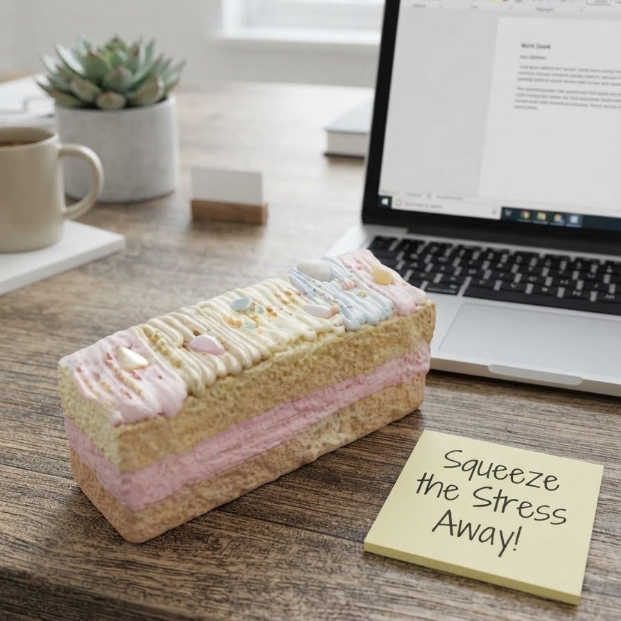 A rectangular slice of cake with pink frosting sits on a wooden desk next to a yellow sticky note that says 'Squeeze the Stress Away!' and an open laptop. A mug and small potted succulent are also visible in a bright indoor setting.