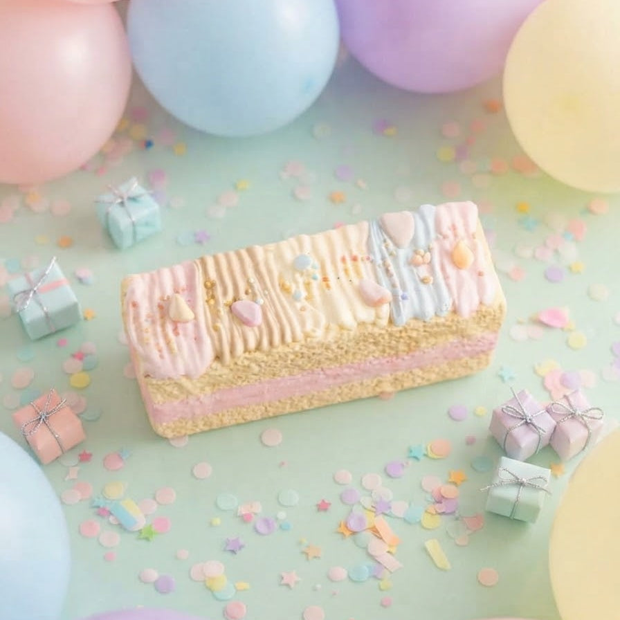 A pastel birthday cake decorated with pink, blue, and yellow frosting, surrounded by colorful balloons, confetti, and small gift boxes on a mint green background.