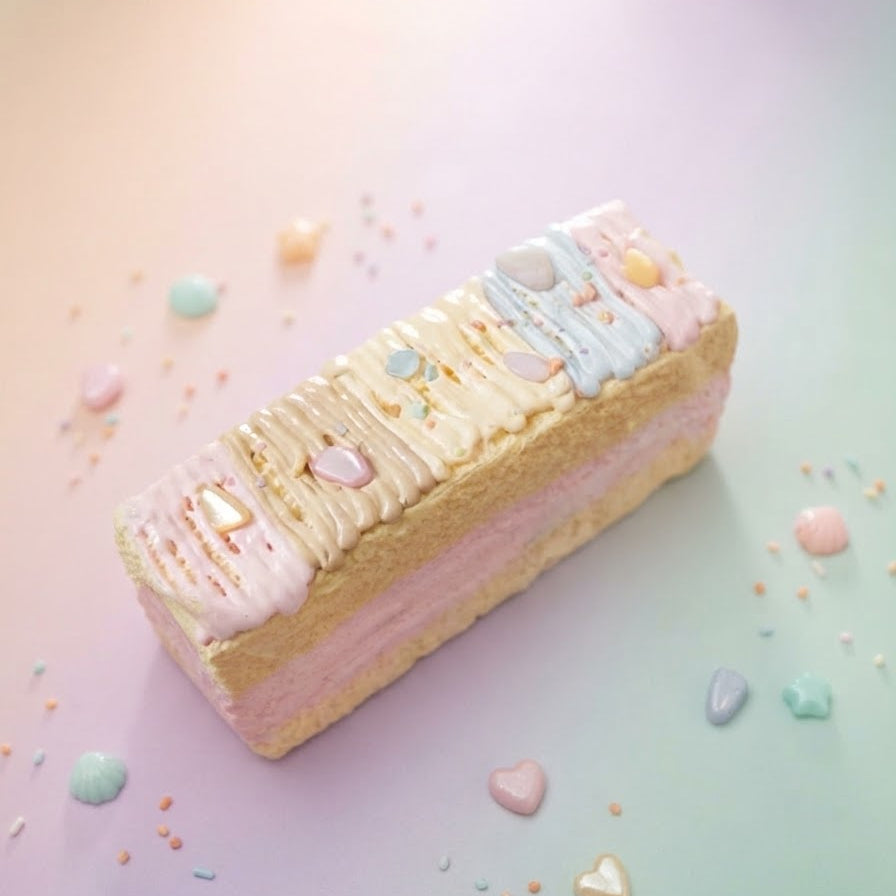 A pastel-colored layered cake slice decorated with pink, yellow, and blue frosting, topped with candy-like sprinkles, set on a soft pastel gradient background with scattered candy pieces.