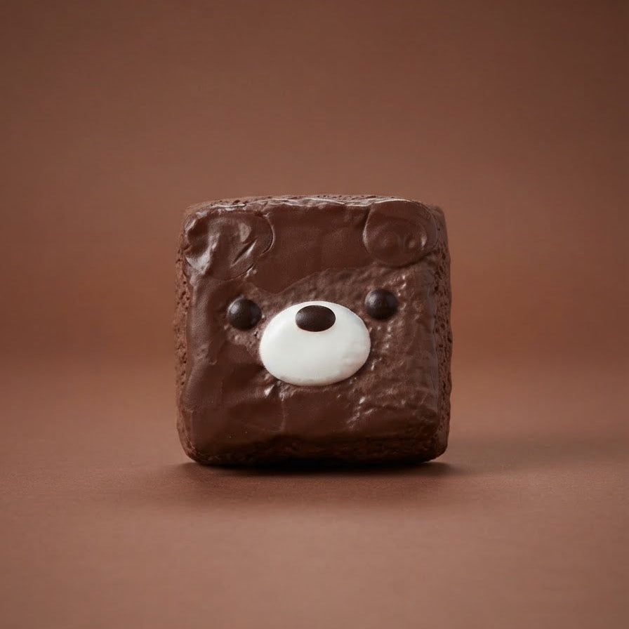 A square chocolate cake or brownie styled like a teddy bear face, featuring a white chocolate snout and ears, and small dark chocolate eyes, set against a solid brown background.