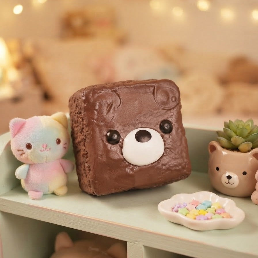 A square brown toy or figurine with a bear face, styled on a light green shelf alongside a pastel cat plush, a small succulent, and other cute plush toys in a cozy indoor setting.