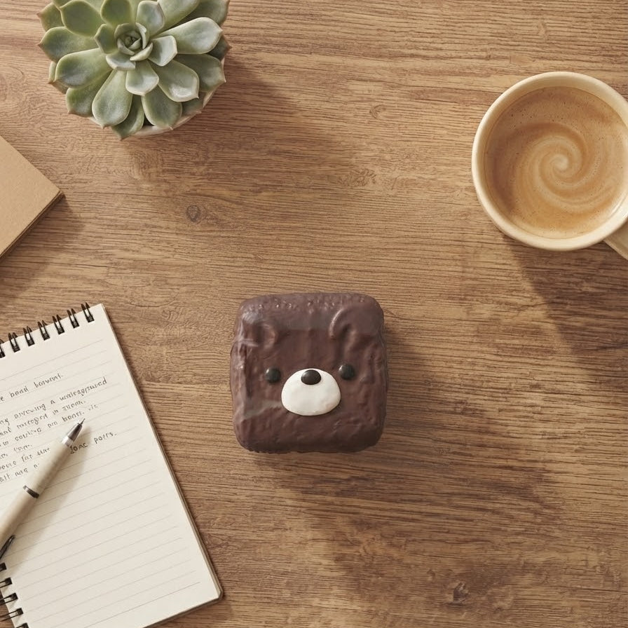 A square chocolate cake or pastry with a bear face decoration sits on a wooden desk surrounded by a notebook, pen, succulent, and a cup of coffee.