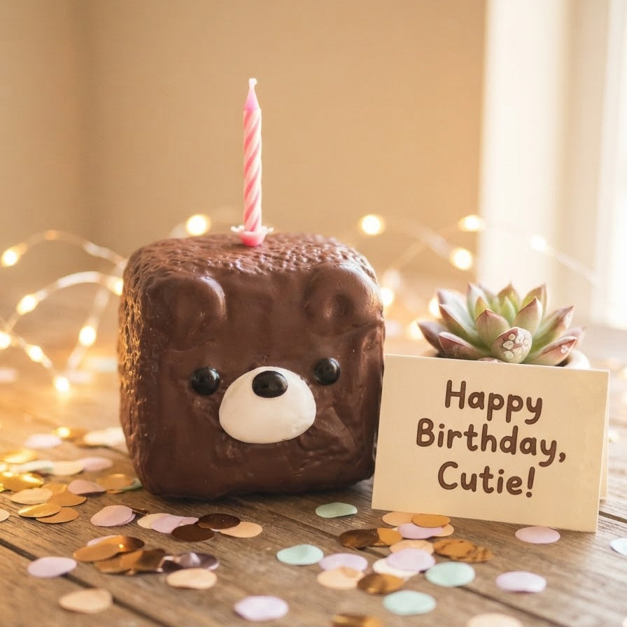 A cute, cube-shaped chocolate cake decorated like a bear face with a pink and white striped candle, sitting on a wooden table with confetti, fairy lights, a succulent, and a 'Happy Birthday, Cutie!' card.