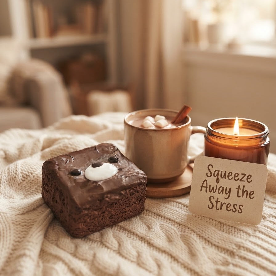 A cozy lifestyle scene featuring a chocolate brownie with a cute face, a mug of hot chocolate with marshmallows, and a lit amber candle with a handwritten note that reads 'Squeeze Away the Stress', all arranged on a cream cable-knit blanket in a warm, softly blurred room.