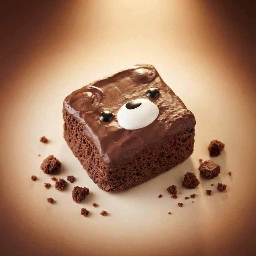 A square chocolate brownie with glossy chocolate frosting and a bear face decoration, styled on a warm brown background with scattered crumbs.