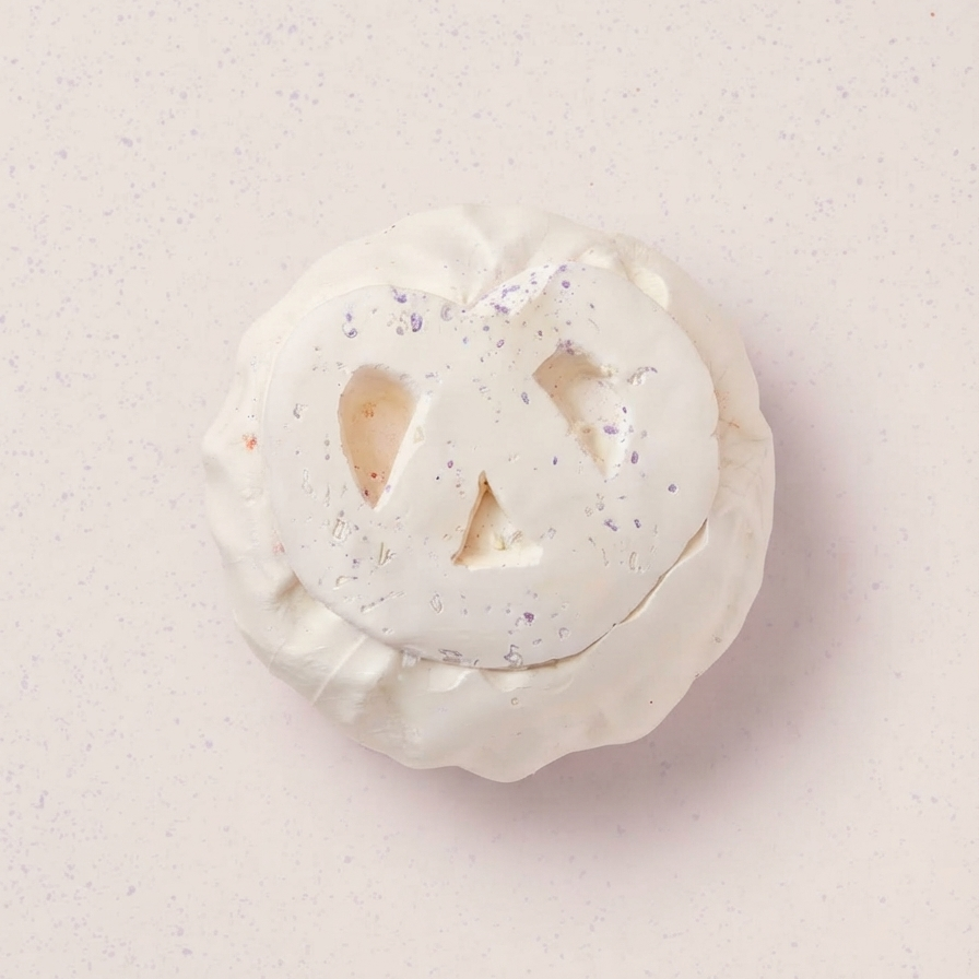 A round, off-white decorative item with a carved jack-o'-lantern face, shown on a light beige speckled background.