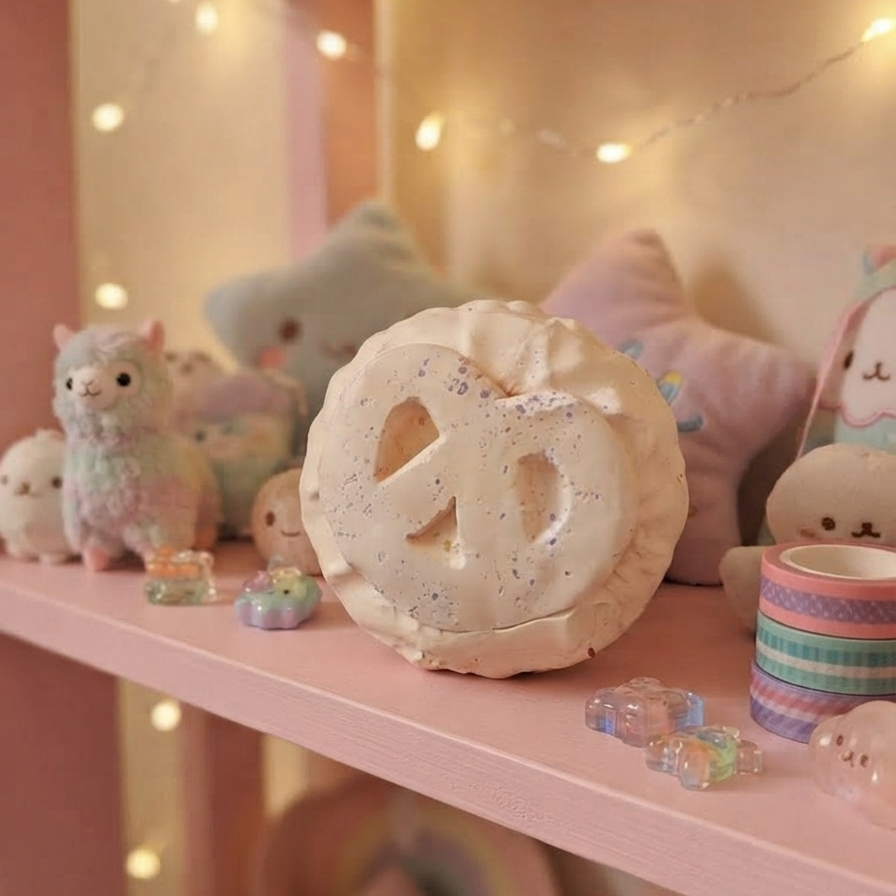 A pastel pink shelf display featuring a round, pretzel-shaped cream-colored plush toy or pillow with a peace sign cutout, surrounded by soft toys, star pillows, and warm fairy lights in the background.