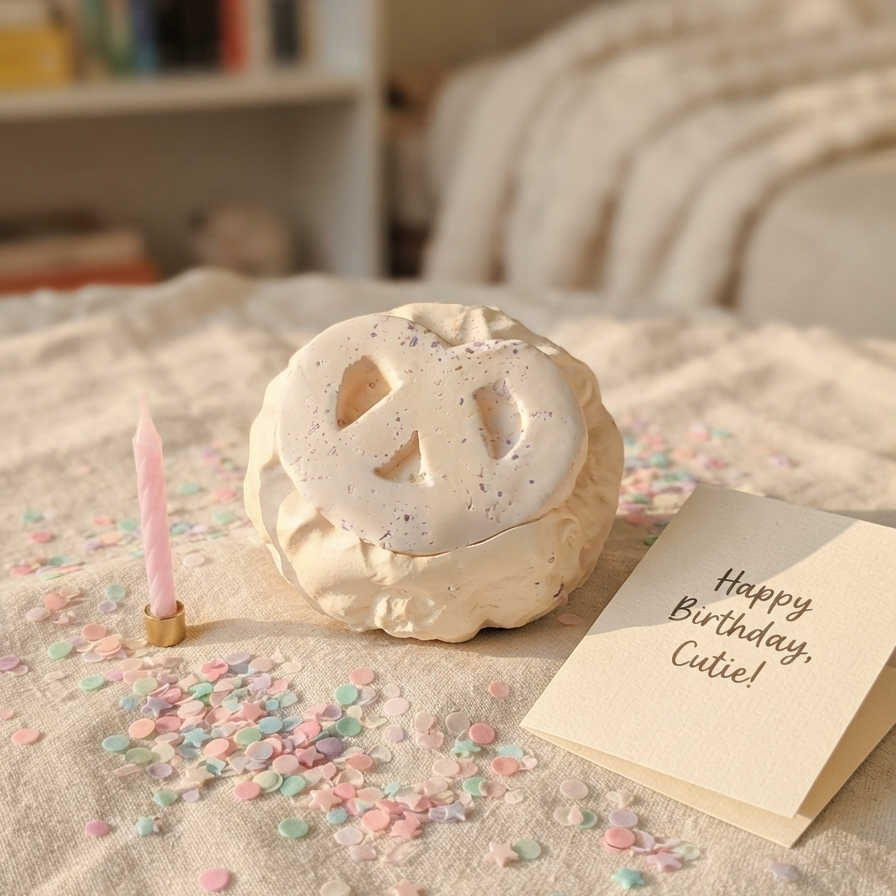 A cream-colored ceramic mug with a peace sign on top, styled on a beige linen blanket with pastel confetti, a pink candle, and a 'Happy Birthday, Cute!' card in a softly blurred bedroom background.