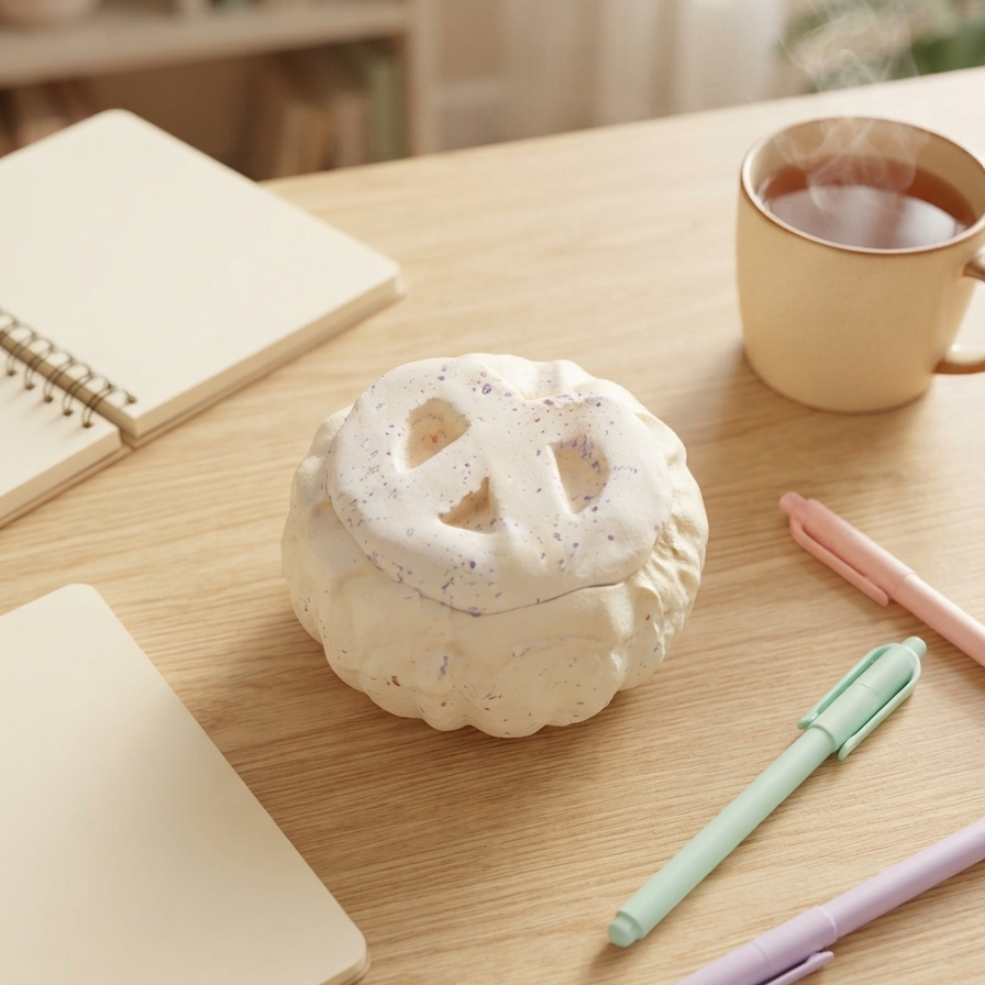 A round, textured cream-colored container with a pretzel-shaped lid sits on a light wood desk surrounded by stationery, including notebooks, pastel pens, and a cup of coffee.