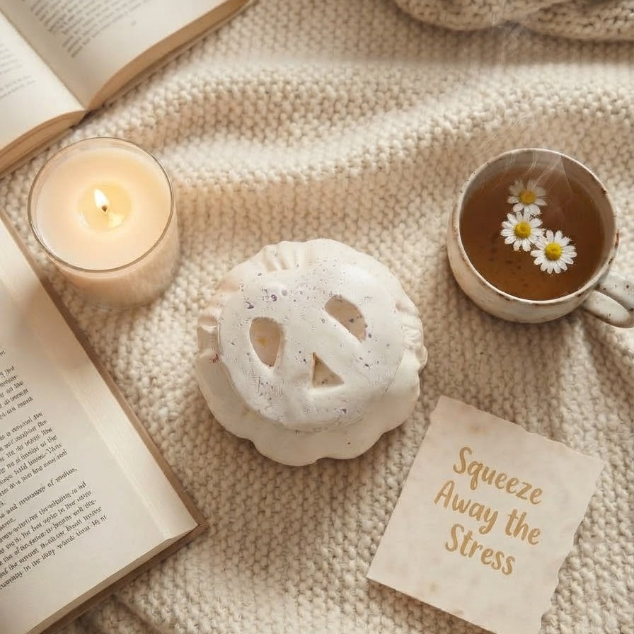 A cozy flat-lay scene on a cream knit blanket featuring a white ceramic peace-sign candle holder, a lit candle, an open book, a cup of chamomile tea, and a note that reads 'Squeeze Away the Stress'.