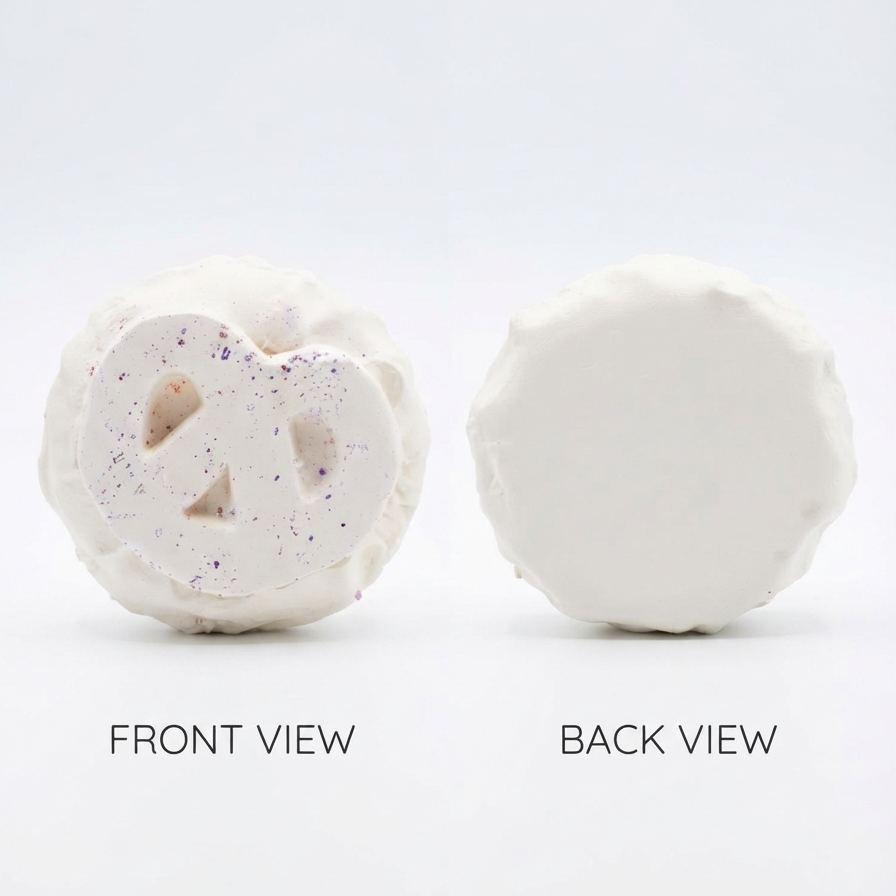 A white, textured circular product shown from two angles on a white background, labeled 'FRONT VIEW' and 'BACK VIEW'. The left view reveals a small purple peace sign cutout with subtle speckles.