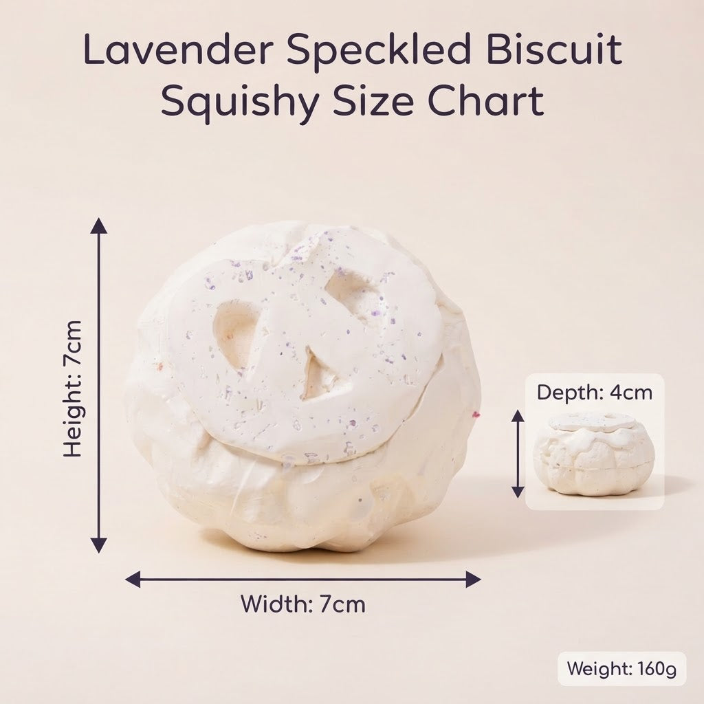 A product size chart graphic for a lavender speckled biscuit-shaped squishy. The main item is shown with dimension arrows indicating a height of 7cm, width of 7cm, and depth of 4cm, plus a smaller inset showing the biscuit from the side.