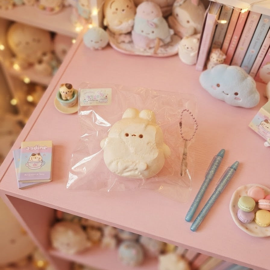 A cute, pastel-themed desk setup featuring a plush squishy toy in clear packaging, accompanied by silver glitter pens, a small macaron dish, and other kawaii accessories on a pink shelf.