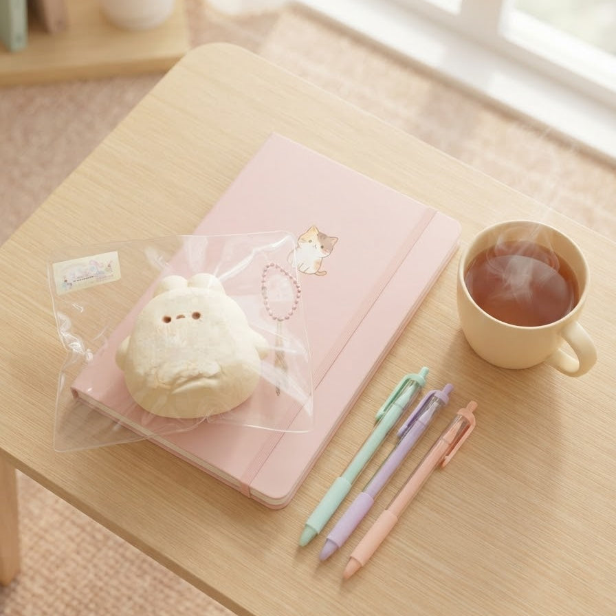 A pink hardcover notebook with a cute cartoon character sticker, styled on a light wood table next to a cup of tea, pastel pens, and a plush white character in a clear plastic bag.