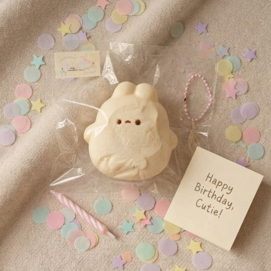A cute, cream-colored squishy toy with a small face and bunny ears, packaged in a clear plastic bag. It is displayed on a beige fabric background surrounded by pastel confetti, a pink candle, and a handwritten 'Happy Birthday, Cutie!' card.