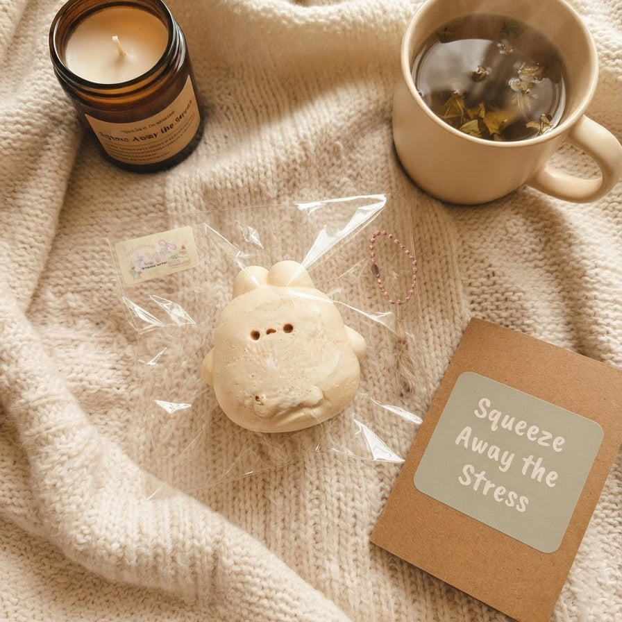 A styled flat-lay featuring a cute, pale cream-colored bunny-shaped stress toy wrapped in clear plastic, set on a cozy beige knit blanket alongside a lit amber candle, a cup of herbal tea, and a brown kraft card that reads 'Squeeze Away the Stress'.