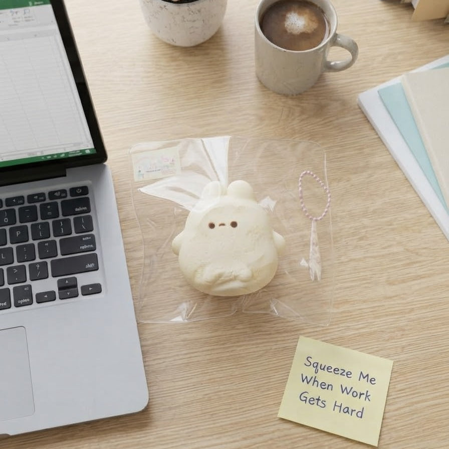 A cute, fluffy white cloud-shaped squishy toy in clear plastic packaging sits on a light wood desk next to a laptop, a small potted succulent, a cup of coffee, and a sticky note that reads 'Squeeze Me When Work Gets Hard'.