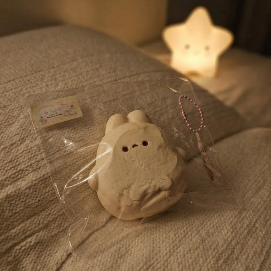 A small beige plush or stuffed animal toy in clear plastic packaging, placed on a textured beige fabric surface with a softly glowing star-shaped lamp in the background.