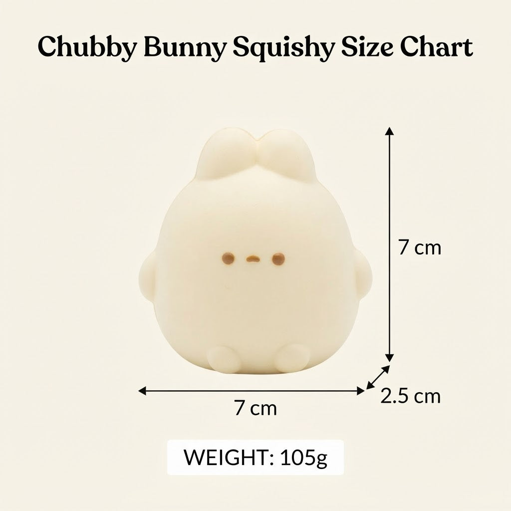 A size chart graphic for a Chubby Bunny Squishy, showing a cute off-white bunny figure with dimension arrows indicating a height of 7 cm, width of 7 cm, depth of 2.5 cm, and a weight of 105g.