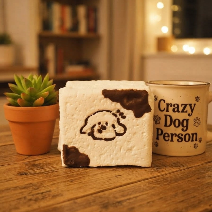 A square white decorative block or coaster with a simple dog face illustration and brown patches, displayed on a wooden table next to a small potted succulent and a cream enamel pin that reads 'Crazy Dog Person'. The background shows a warm, softly blurred indoor setting with bookshelves and string lights.