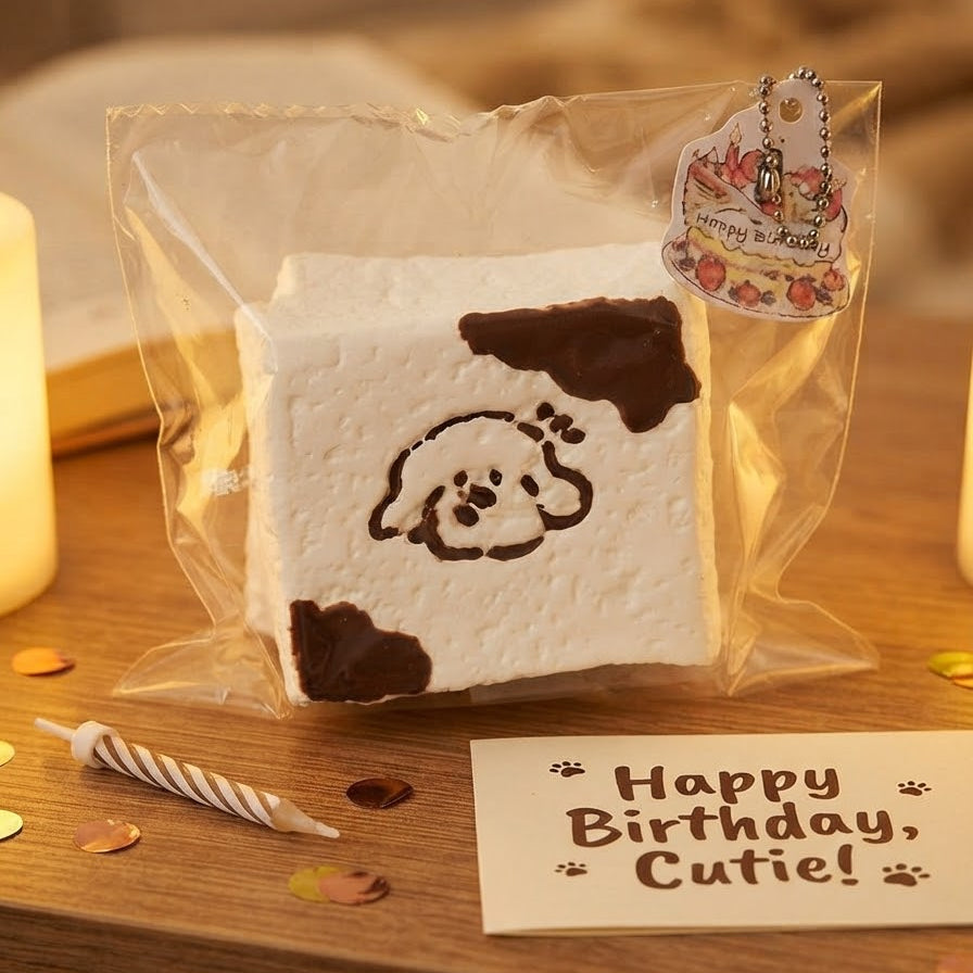 A square white squishy toy with a brown puppy face design, sealed in a clear plastic bag with a small birthday-themed sticker, displayed on a wooden table next to a candle and a 'Happy Birthday, Cute!' card.