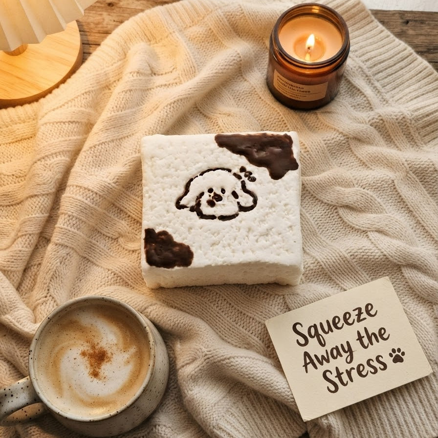 A square white plush cushion or pillow with a brown cow-print face design, styled on a beige cable-knit blanket with a cup of coffee, a lit candle, and a card that reads 'Squeeze Away the Stress'.