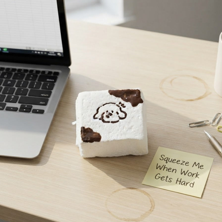 A square white stress toy squishy with a brown cow-print pattern and a simple face illustration sits on a light wood desk next to a laptop, a sticky note that reads 'Squeeze Me When Work Gets Hard', and office accessories.