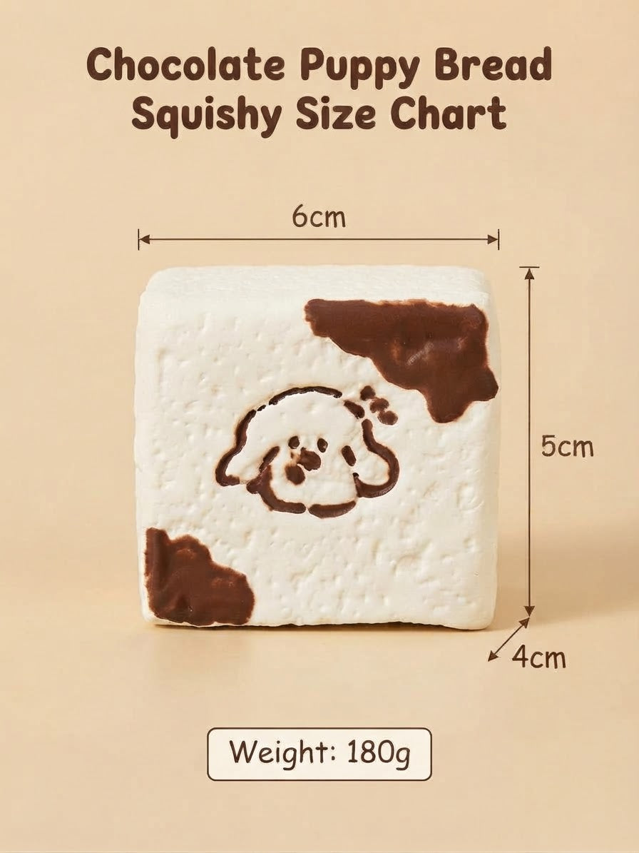 Chocolate Puppy Bread Squishy with dimension measurements showing 6cm width, 5cm height, and 4cm depth, plus a weight of 180g, on a beige background.