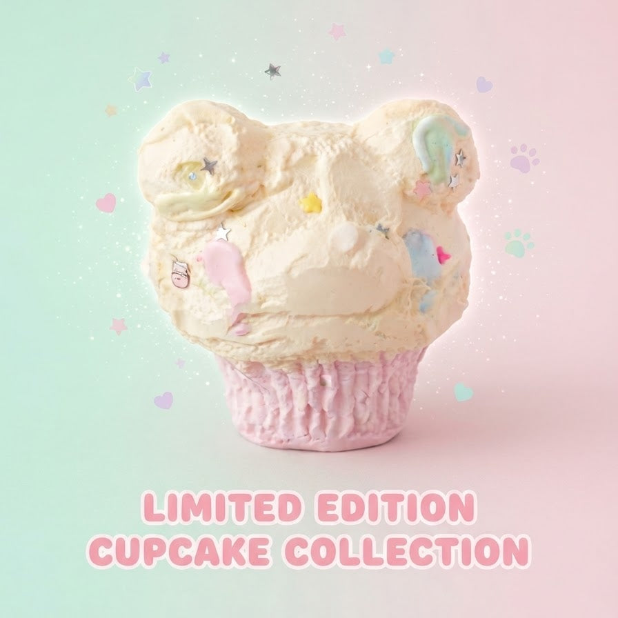 A cupcake-shaped product with pale cream frosting and pastel multicolor accents, set against a soft mint-to-pink gradient background with the text 'LIMITED EDITION CUPCAKE COLLECTION' below.
