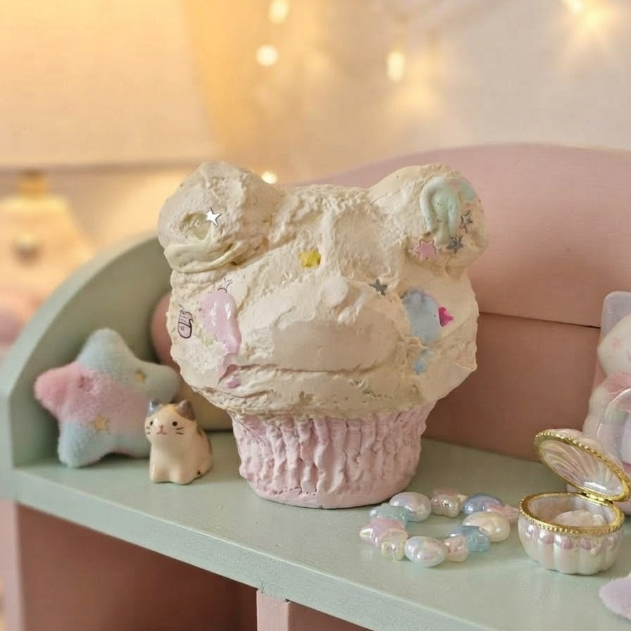 A pastel cupcake-shaped decorative object with a cream-colored frosting top and pink wrapper base, displayed on a pale green shelf in a softly lit room with string lights and small accessories nearby.