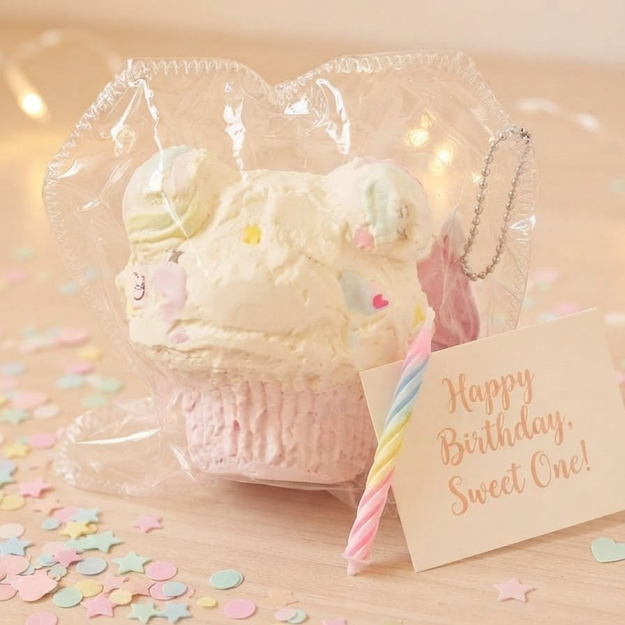 A cupcake-shaped squishy toy wrapped in clear cellophane packaging, placed on a light wooden surface with pastel confetti scattered around. A small card next to it reads 'Happy Birthday, Sweet One!' and there is a pastel striped candle prop.