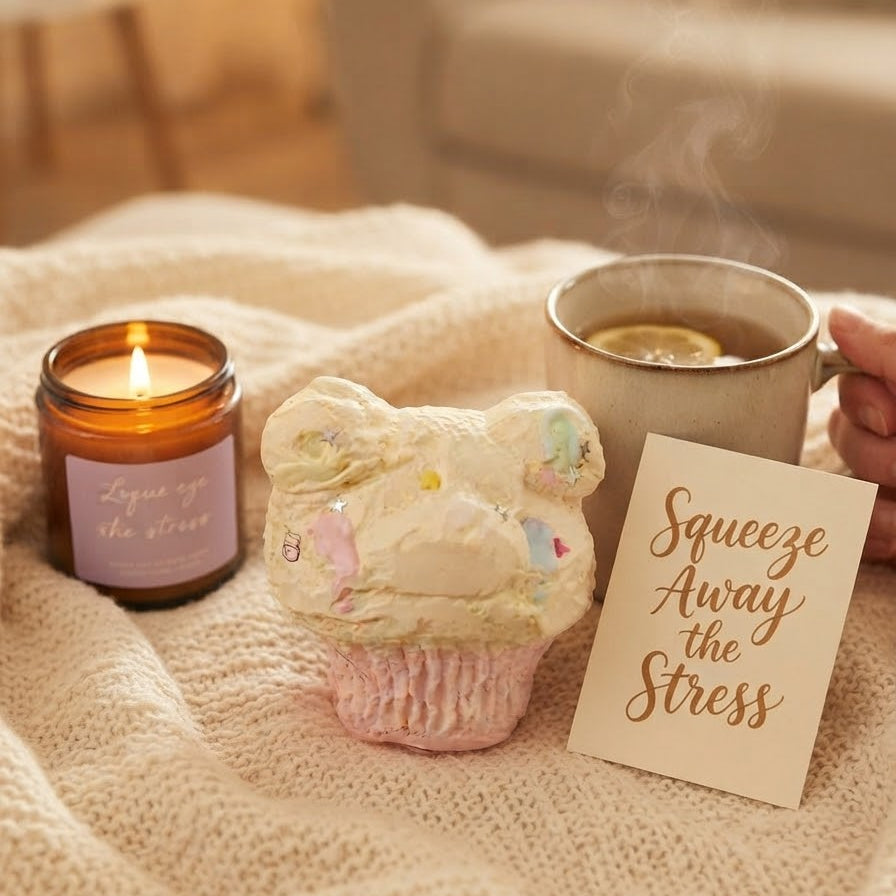 A cozy lifestyle scene on a cream knit blanket featuring a ceramic bear-shaped cupcake container, a lit amber candle in a glass jar, a mug of tea with steam rising, and a card that reads 'Squeeze Away the Stress'.