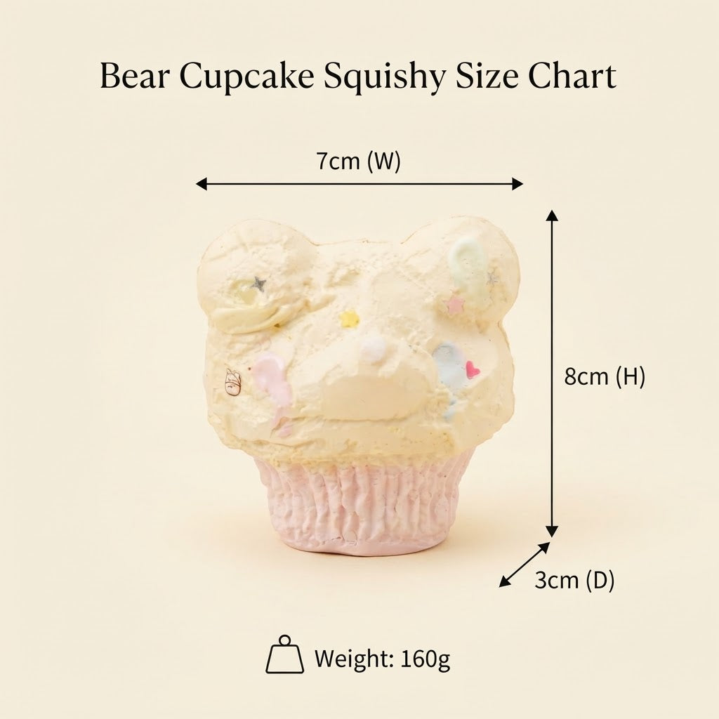Bear Cupcake Squishy size chart on a light beige background, showing a pink and cream cupcake-shaped squishy with dimension arrows indicating 7cm width, 8cm height, 3cm depth, and weight of 160g.
