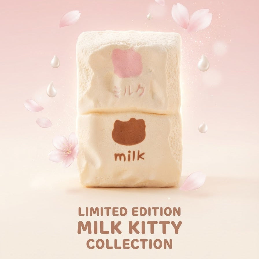 Two stacked cream-colored plush milk-themed blocks with pink and brown logo details, surrounded by floating cherry blossoms on a soft pink background, with the text 'LIMITED EDITION MILK KITTY COLLECTION' below.