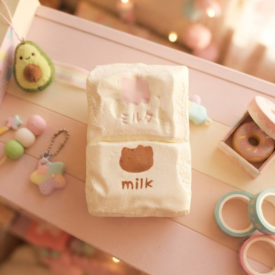 A stack of two cream-colored plush squishy toys with cute printed designs, displayed on a pastel pink wooden shelf surrounded by cute stationery and accessories.