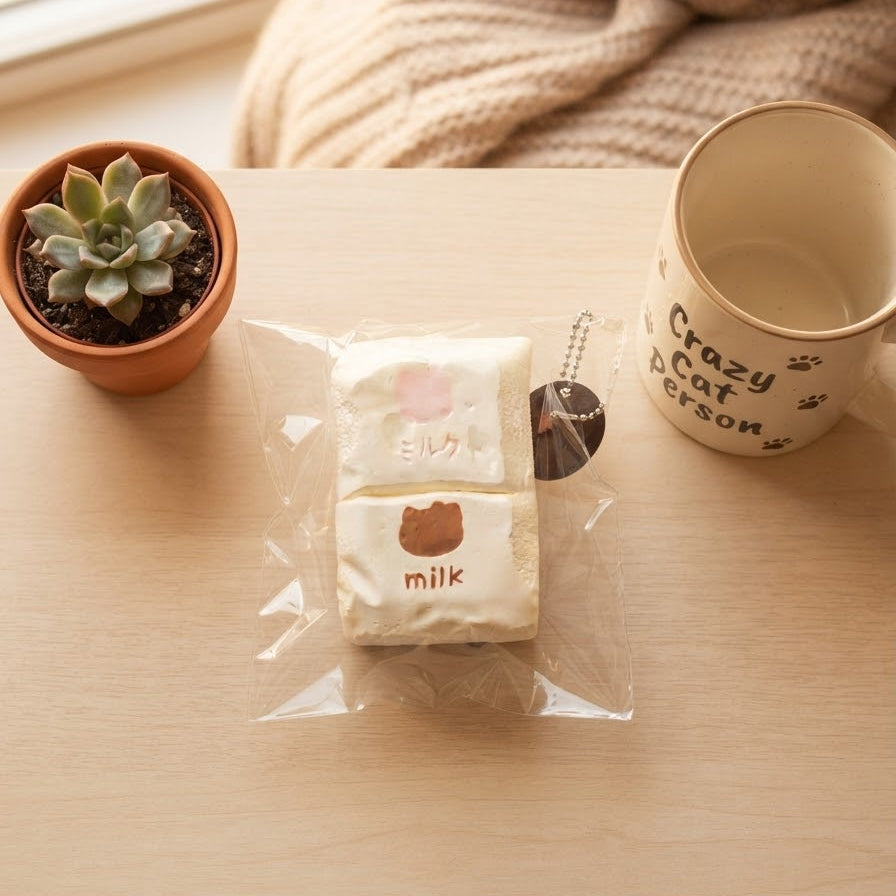 A packaged cream-colored squishy toy with cute printed illustrations sits on a light wooden table next to a small potted succulent and a ceramic mug with the text 'Crazy Cat person'.