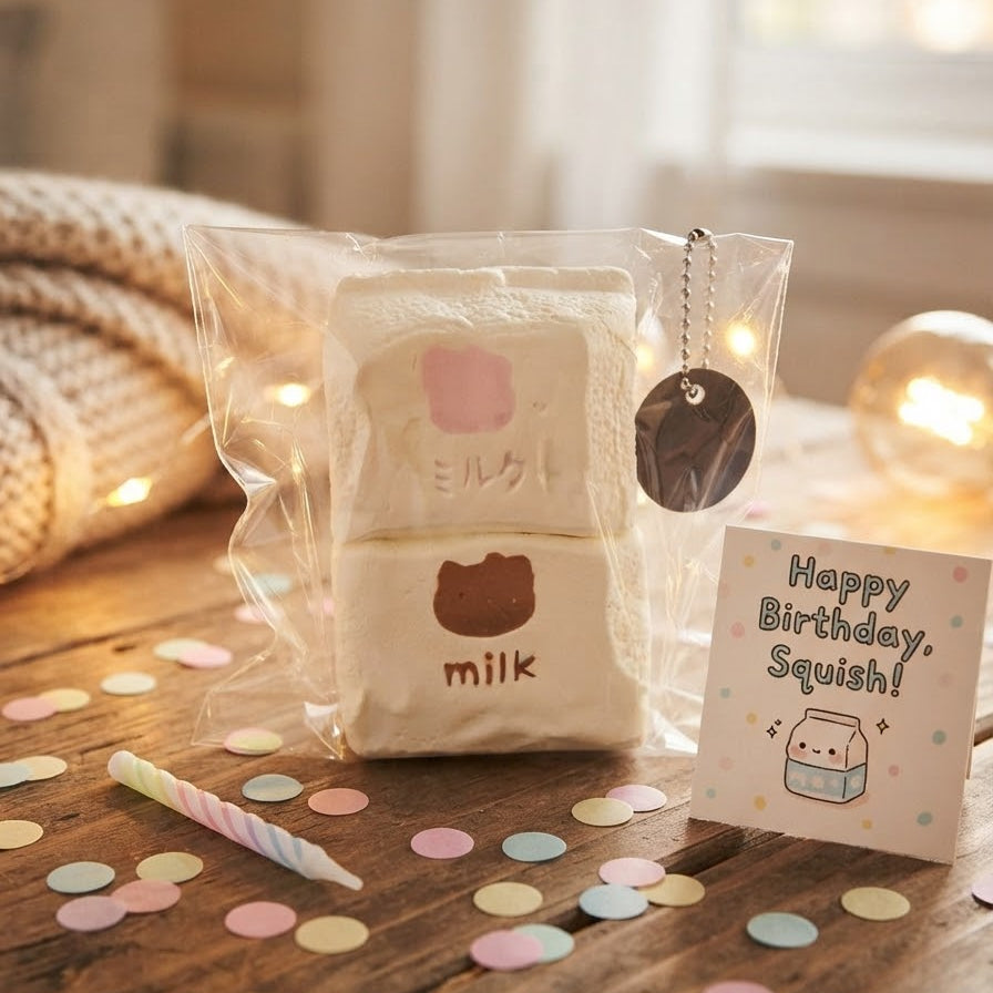 A packaged squishy toy set on a wooden table with confetti, a candle, and a small card that reads 'Happy Birthday Squishy!' in a softly lit indoor setting.