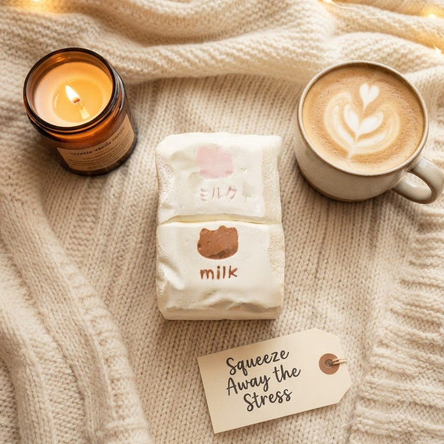 A cozy flat-lay scene on a cream knit sweater with a lit candle, a cup of latte, and two small packaged items labeled 'milk' with a tag reading 'Squeeze Away the Stress'.