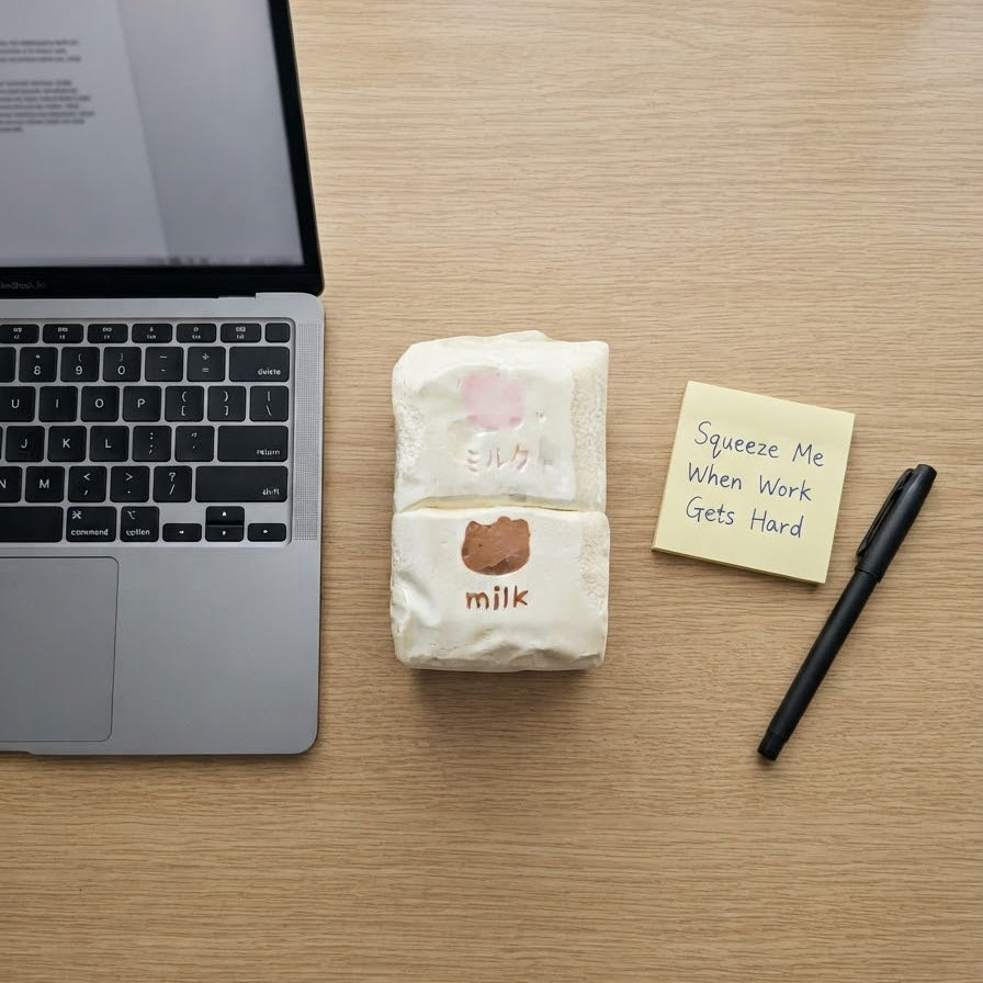A small cream-colored plush or fabric item with a pink heart and the word 'milk' is shown on a wooden desk next to a laptop, a sticky note that reads 'Squeeze Me When Work Gets Hard', and a black pen.