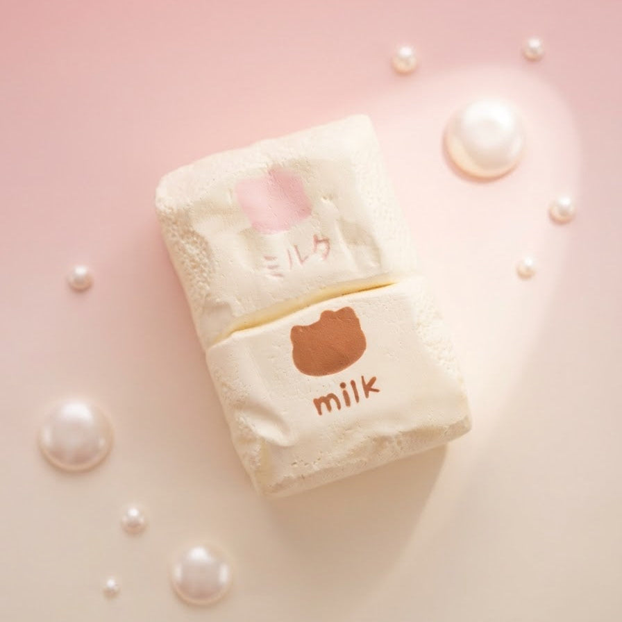 Two folded cream-colored textured towels with Japanese and English 'milk' graphics, styled on a soft pink background with decorative pearl-like beads.