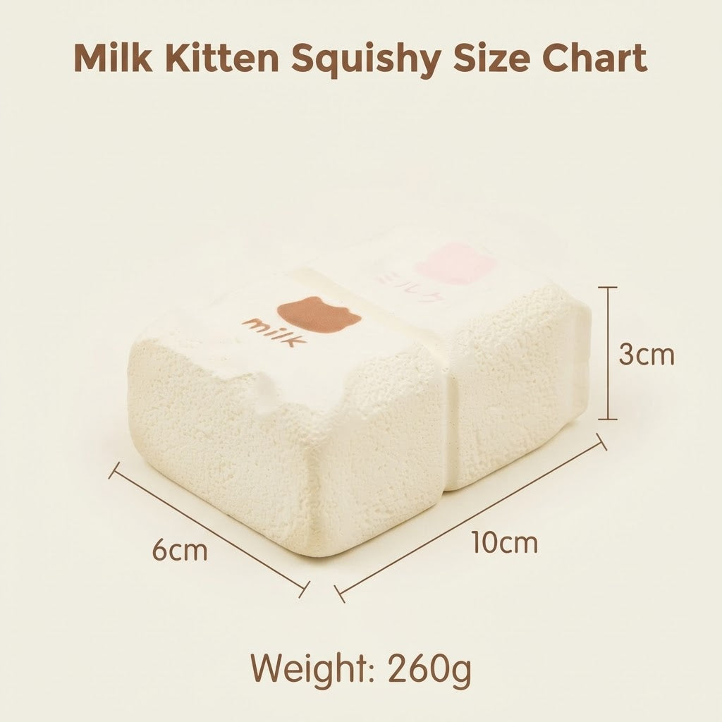 A milk-themed squishy plush toy with dimension labels showing 6cm width, 10cm length, 3cm height, and a weight of 260g, on a light beige background.