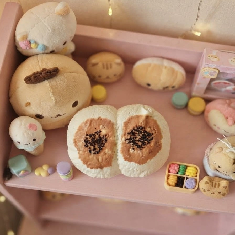 A pink toy or display shelf filled with cute plush characters and small accessories, including two round bread-like toys with brown centers, several pastel macarons, and small colorful items, photographed in a warm indoor setting with string lights.