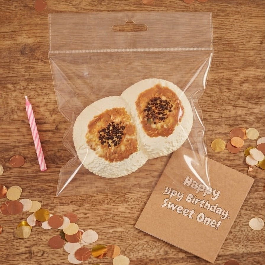 Two mini frosted cupcakes in a clear plastic bag on a wooden table, styled with a pink striped candle, gold and white confetti, and a brown card that reads 'Happy upy Birthday Sweet One!'.