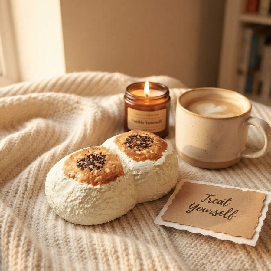 Two round white pastries topped with brown crumb and dark seeds, arranged on a cream knit blanket beside a lit candle, a cup of coffee, and a card that reads 'Treat Yourself'.