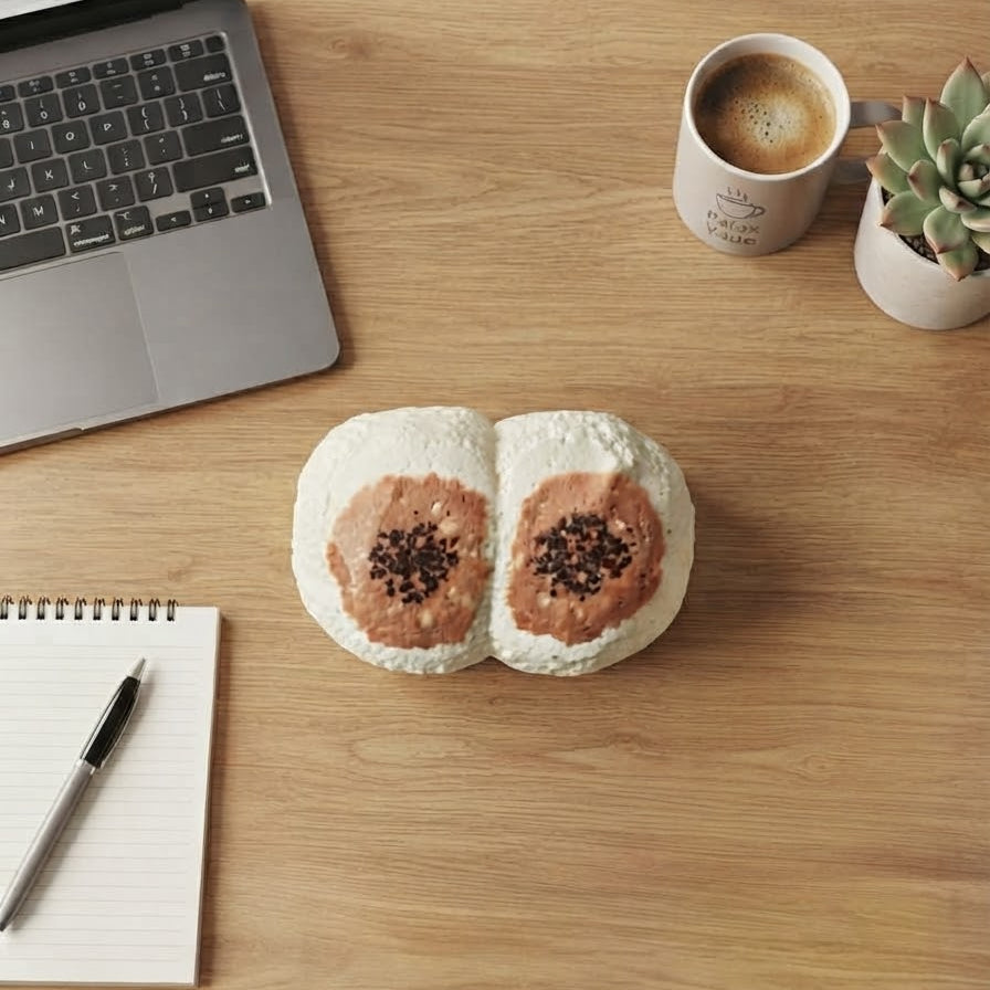 Two novelty desk accessories shaped like sliced fried rice with browned centers, displayed on a light wood desk alongside a laptop, notebook, coffee mug, and small succulent.