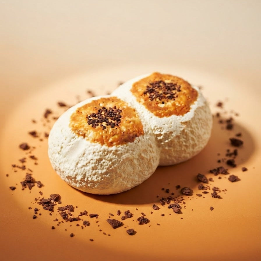 Two white, round, pastry-like treats dusted with powdered sugar and topped with golden-brown caramelized centers and dark chocolate crumbles, arranged on a warm beige surface with scattered crumbs.