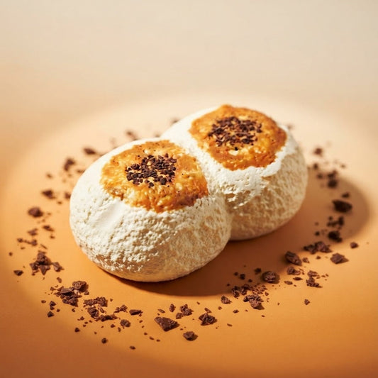 Two white, round, pastry-like treats dusted with powdered sugar and topped with golden-brown caramelized centers and dark chocolate crumbles, arranged on a warm beige surface with scattered crumbs.