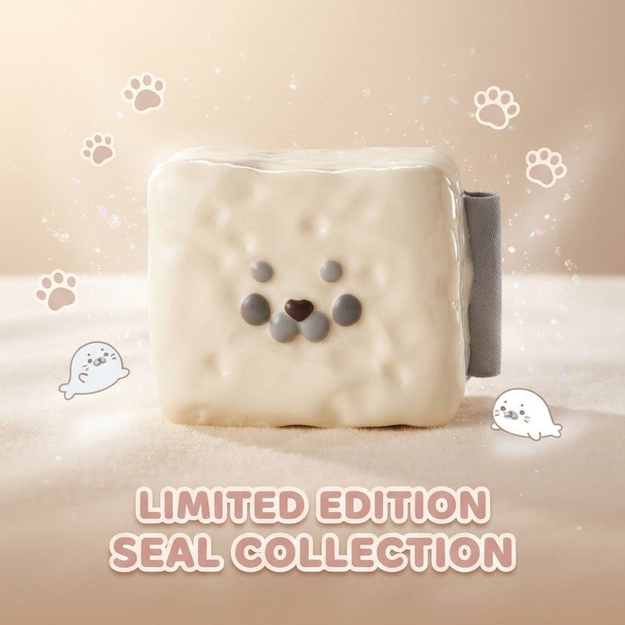 A cute, square-shaped white plush or ceramic seal figurine with a small gray side tab, set against a warm beige background with paw print and seal illustrations. Text at the bottom reads 'LIMITED EDITION SEAL COLLECTION'.